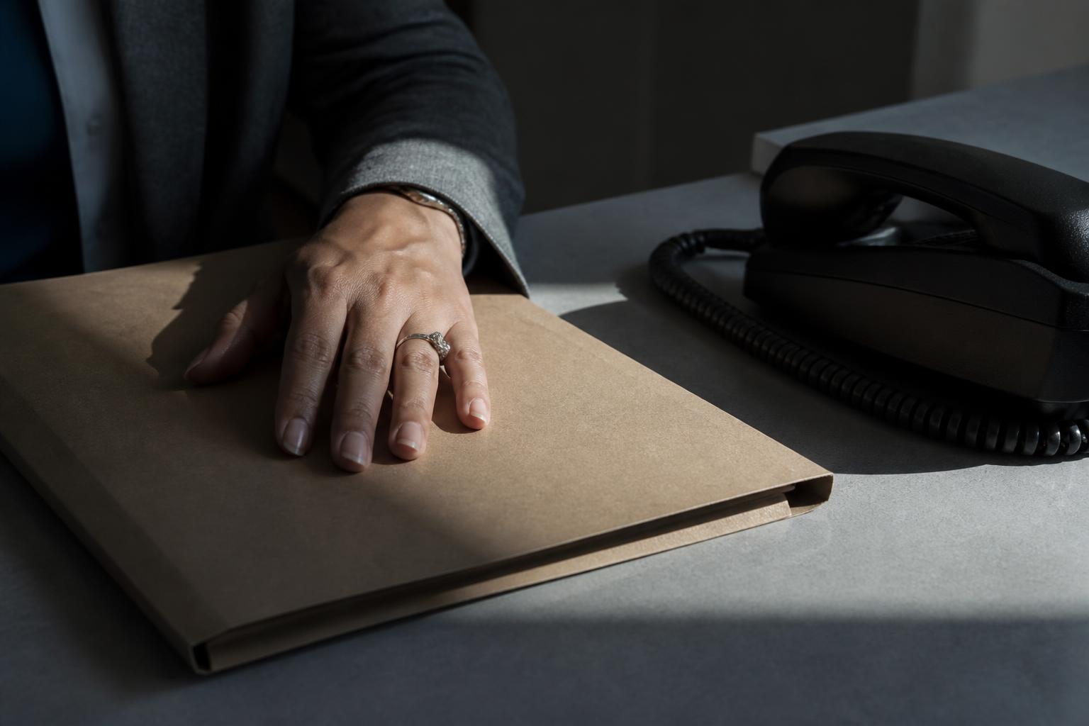 Eine Hand liegt auf einer geschlossenen Aktenmappe neben einem Tischtelefon, eine harte Schattenkante teilt den Schreibtisch.