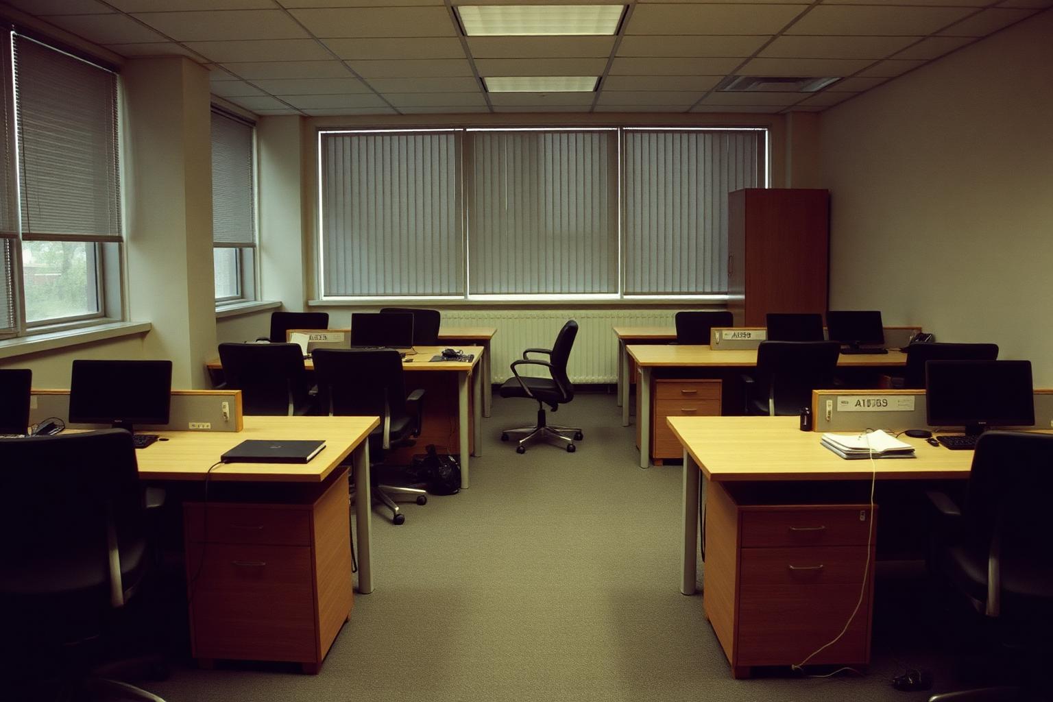Abgeräumtes Büro mit leeren Schreibtischen und heruntergelassenen Jalousien.