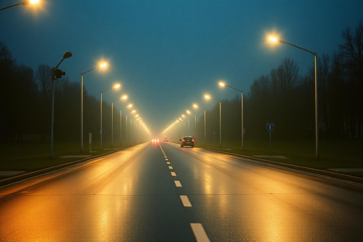 Nasse Ausfallstraße bei Nacht, Laternenlicht spiegelt sich auf dem Asphalt.