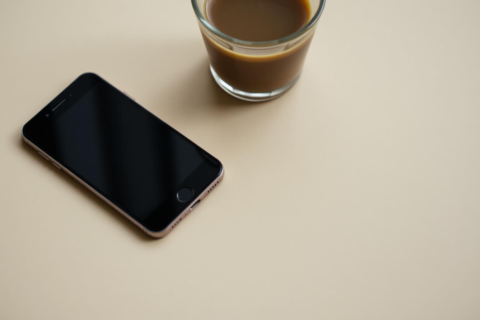 Ein Mobiltelefon liegt mit dem Display nach unten neben einem Glas Kaffee auf einem Tisch.
