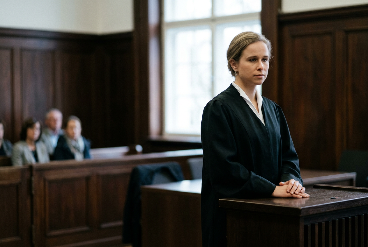 Rechtsanwältin Virginia von Burgsdorff steht in Robe am Pult im Gerichtssaal.