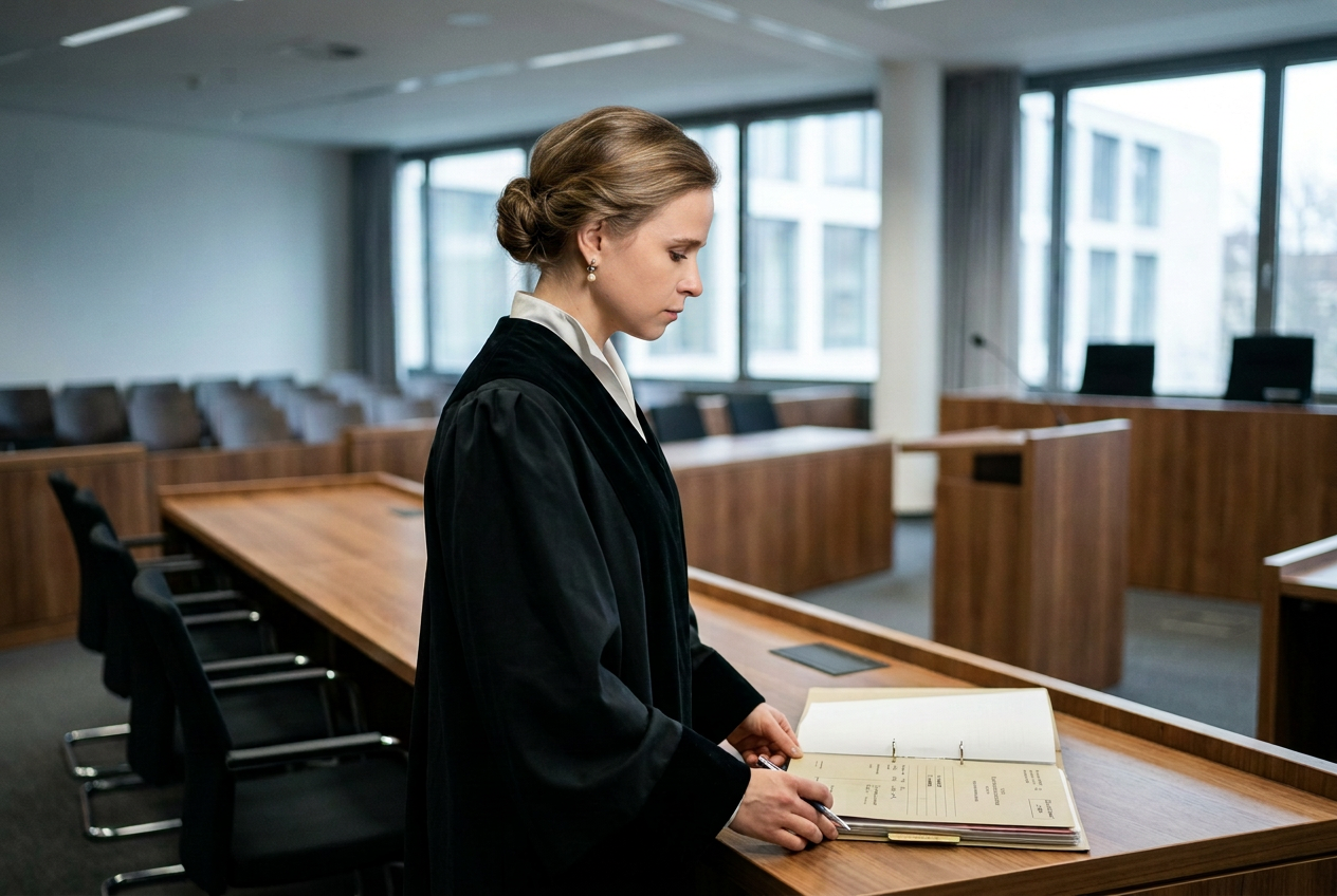Rechtsanwältin Virginia von Burgsdorff steht in Anwaltsrobe an der Verteidigerbank im Gerichtssaal.
