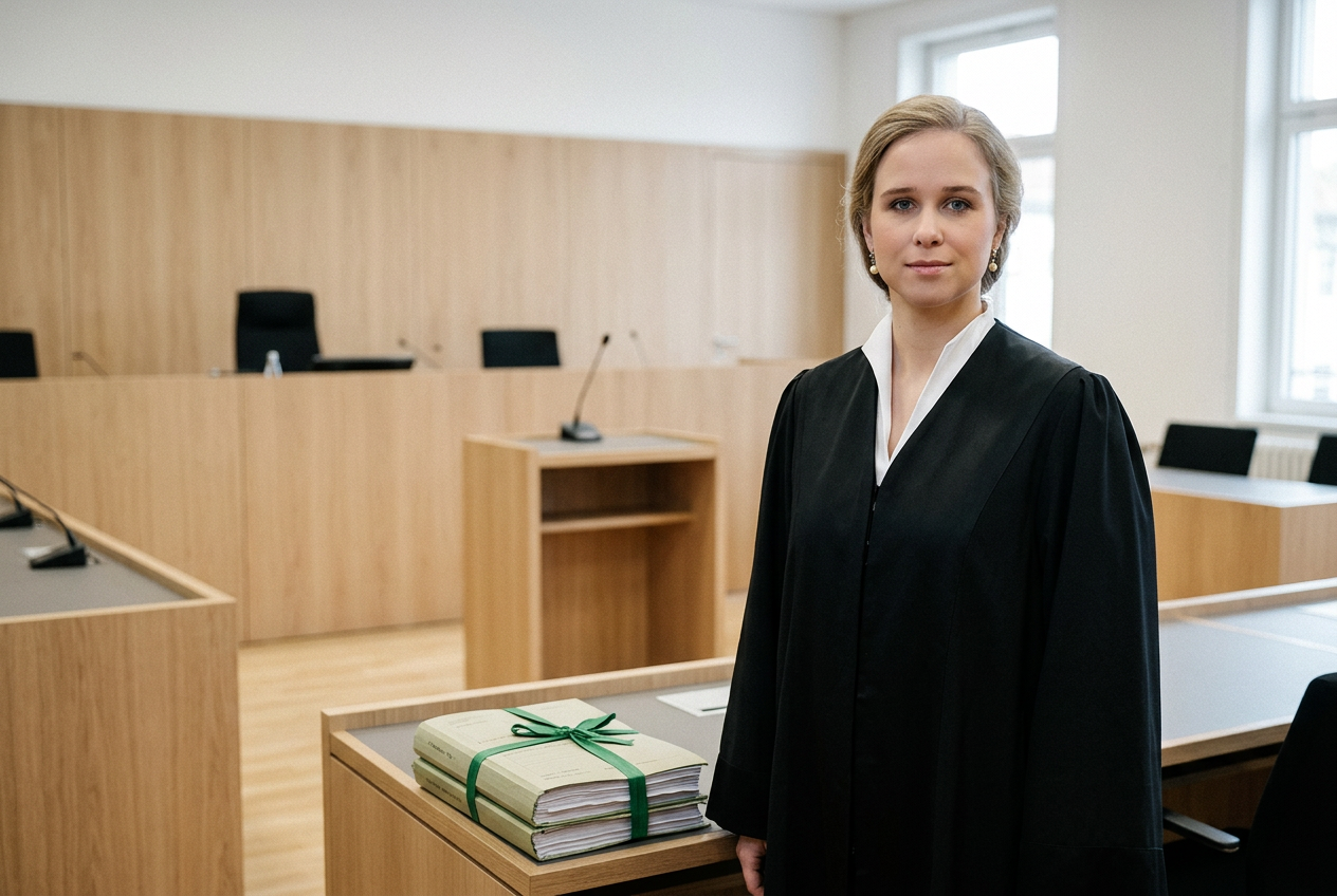 Rechtsanwältin Virginia von Burgsdorff in schwarzer Robe im Gerichtssaal an der Verteidigerbank.